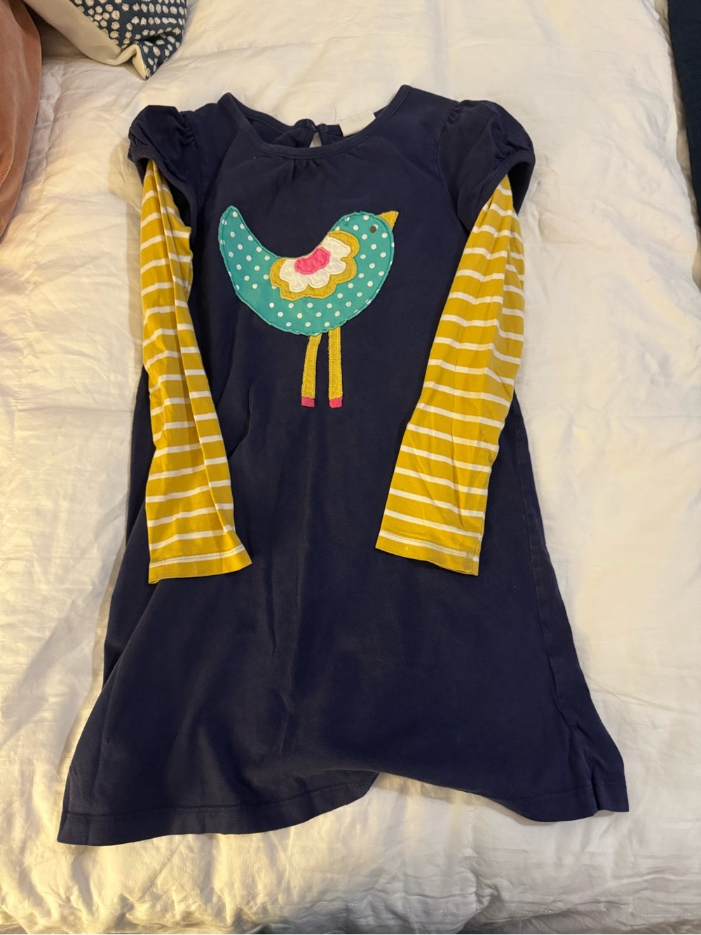 Mini Boden Navy Layered-Look Dress with Yellow Striped Sleeves